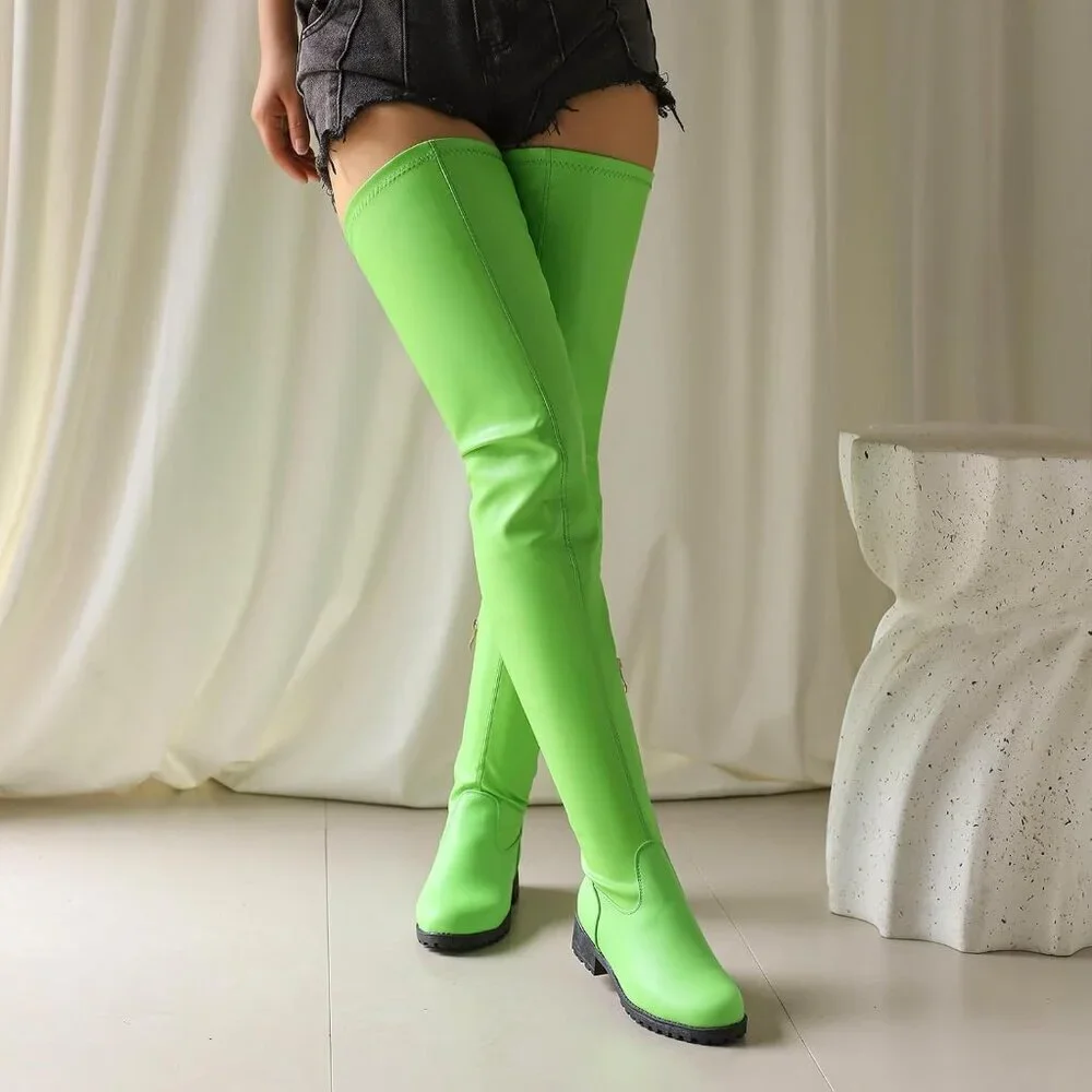 Women's Green Polyurethane Thigh High Over The Knee Rounded Toe Fashion Boots